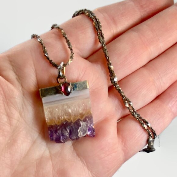 Amethyst Pendant, Amethyst Slice, Sterling Silver, Tourmaline,  Necklace, Chain - Picture 2 of 7